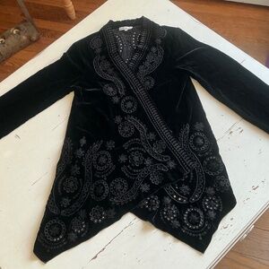 Johnny Was Black Velvet embroidered draped jacket Kimono Small